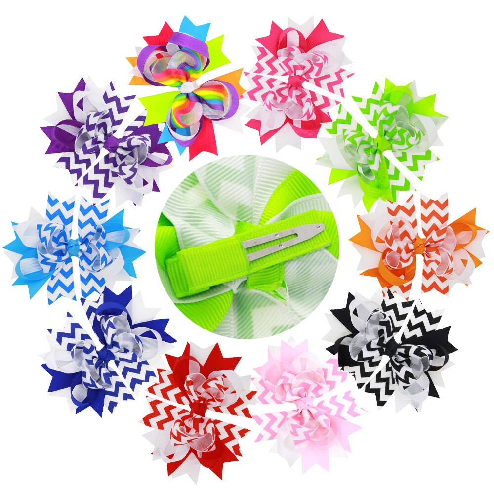 100pcs Free shipping 5 inch Chevron Boutique Hair Bow Clip Boutique Style Pink Chevron Colorful Hair Bow Aqua Yellow Lime Gree