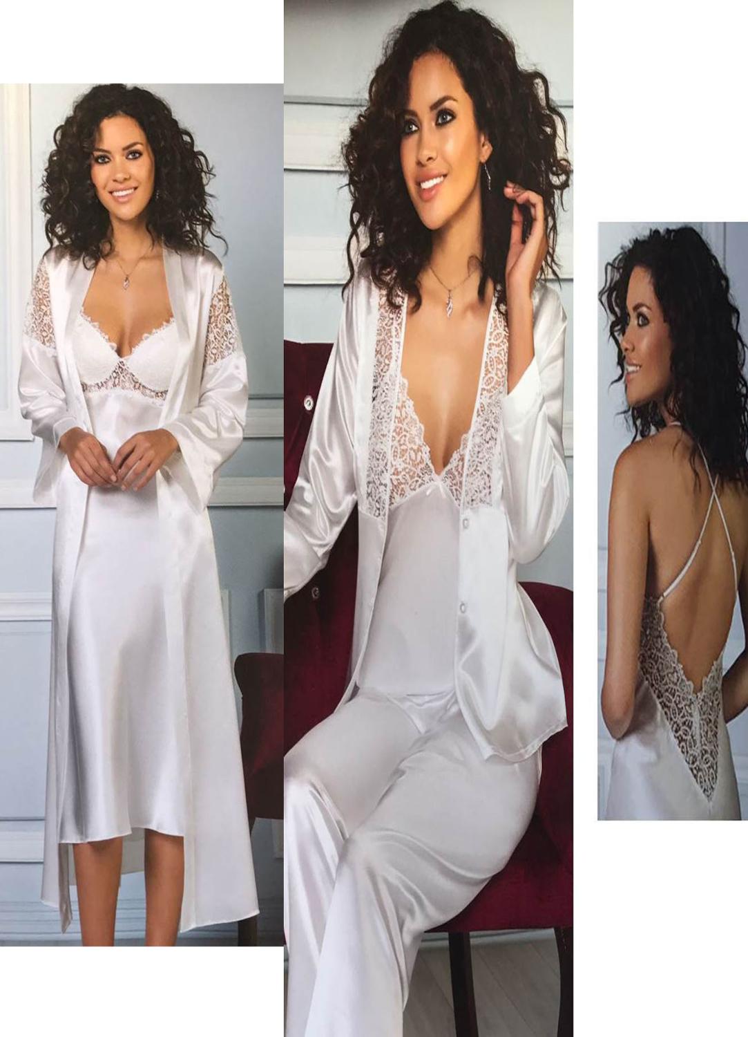 Pierre Cardin 5960 Silk Satin Ruched Comfortable Sleep At Home Cool 6 Piece Nightgown Dressing Gown AND Pajamas Set Sizes S and M