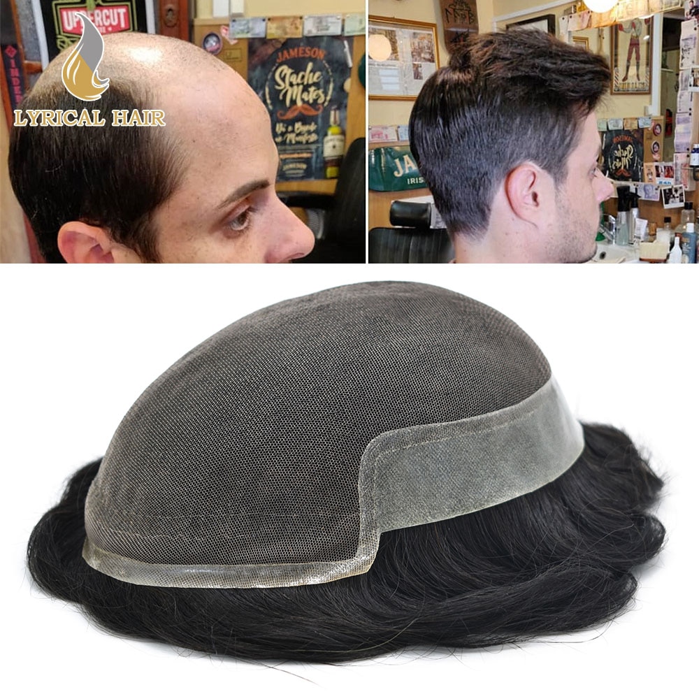 French Lace Front Mens Toupee Bleached Knots Natural Hand Made Hairpiece Transparent Poly Skin Pu Mens Hair Replacement Systems