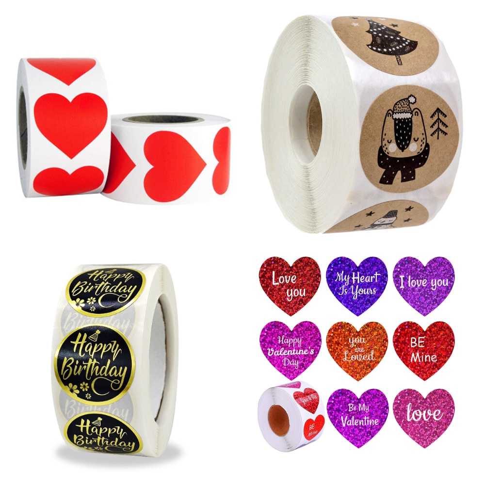 Valentine's Day Stickers 500pcs Merry Christmas Stickers Decorative Happy Birthday Stickers Wrapping Gift Box Love Heart Label