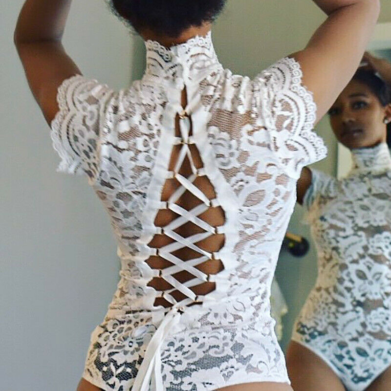 Women Sexy Underwear Erotic Bodysuits Full Lace See-through Lingerie Cheongsam High Turtleneck Backless Hollow out Nightwear