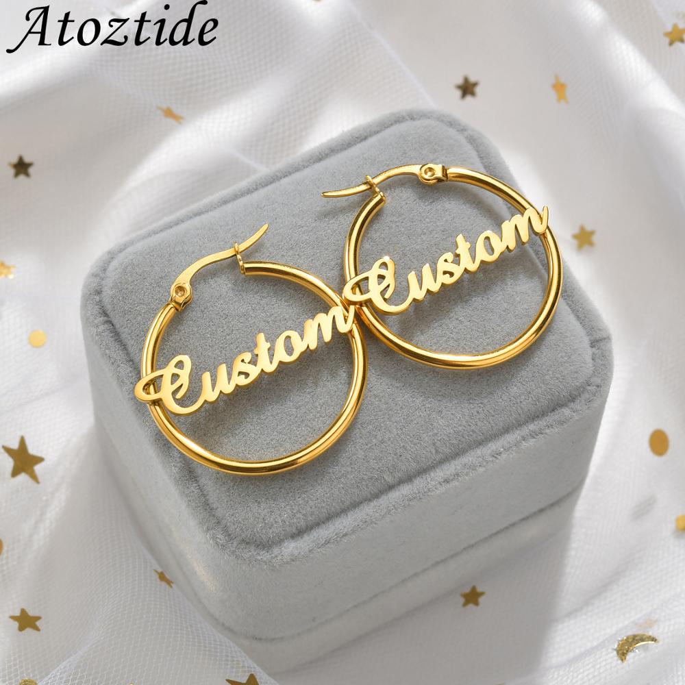 Atoztide High Quality Personalized Name Drop Earrings Customize Namplate ID Dangle Earring Women Stainless Steel Party Gift