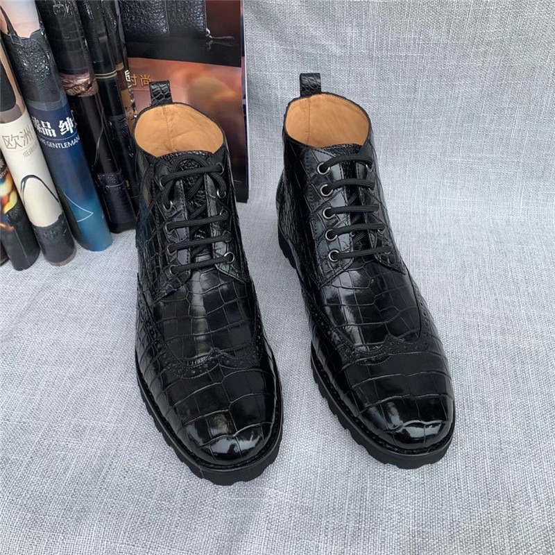 Authentic Exotic Crocodile Skin Handmade Men's Lace-up Ankle Shoes Genuine Real Alligator Leather Male Winter Black Martin Boots