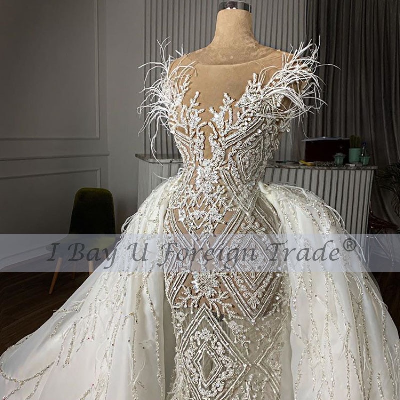 Luxury Full Beading Wedding Dress 2021 Removable Train Vintage Feather Mermaid Bridal Gown