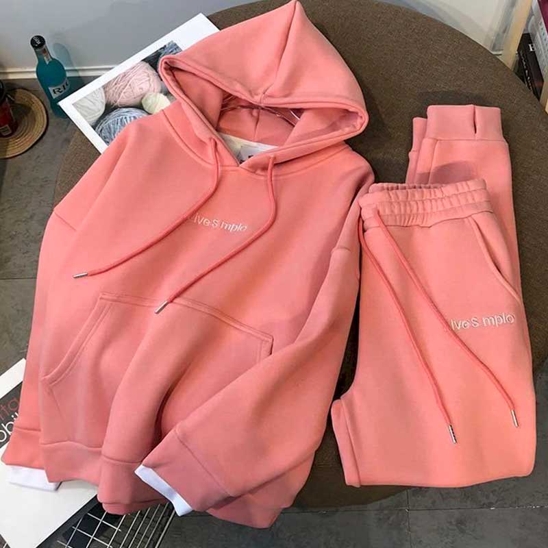 Autumn and winter new suit thickened plus velvet pullover hooded women's suit sports and leisure two-piece trousers and leisure