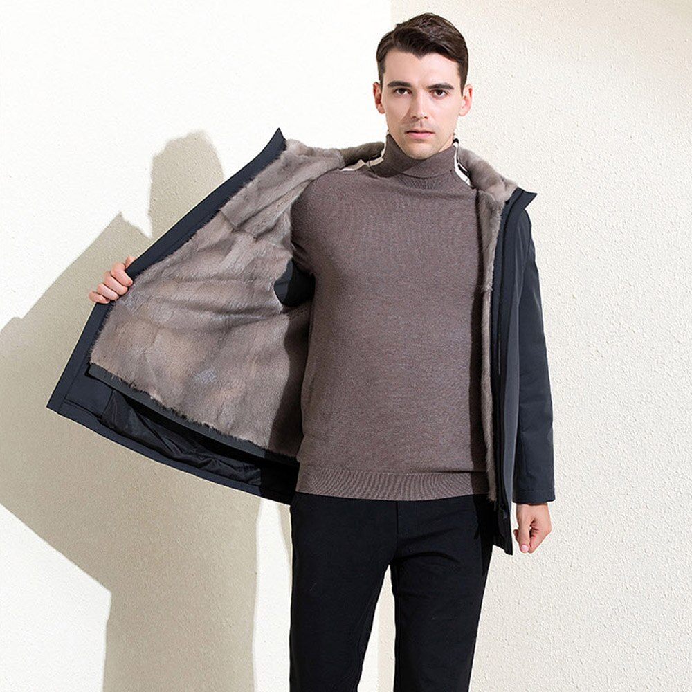 Full Pelt Luxury Mink Fur Lined Parkas Men New Hooded Gray Business Casual Real Mink Fur Coat Winter Warm Fur Jackets