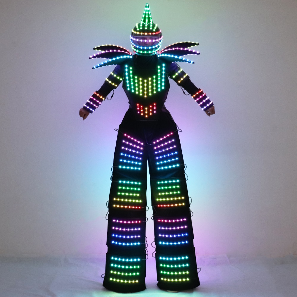 Pixel LED Robot Suit Light Up Stilts Walker Costume David Guetta Dance Color Luminous Clothing Laser Gloves CO2 Gun Jet Machine