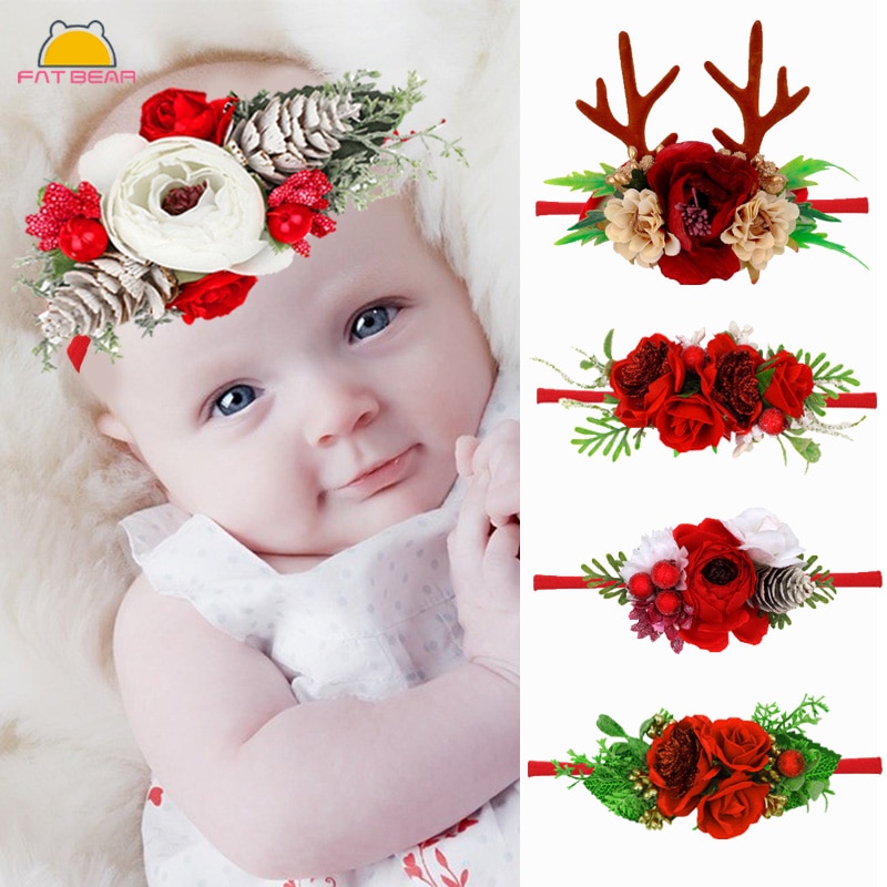 2021 Baby Girl Headbands Handmade Nylon Elastic Hair Accessories Deer Ear Flower Crown Hairband for Newborn Photography Props