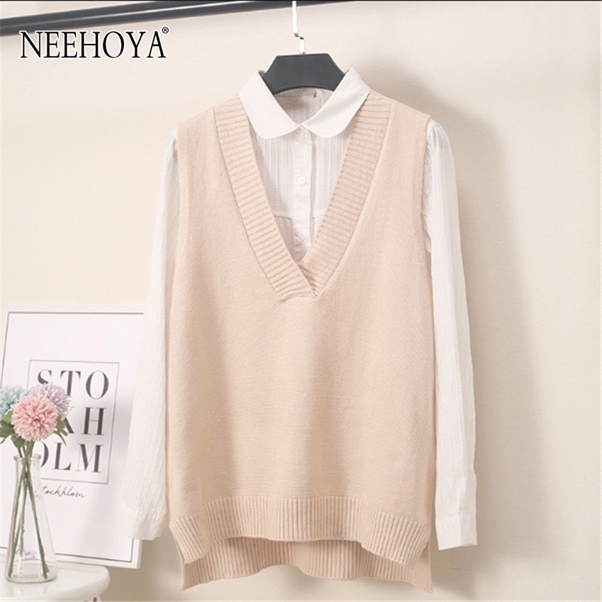 NEEHOYA knitted vest women sweater autumn winter v neck soild Sleeveless Pullover loose waistcoat chic Women's sweaters 2020