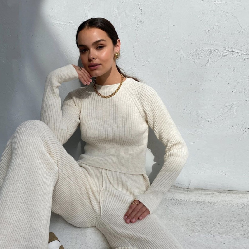 2021 Women's Knitted Sweater Solid Color Round Neck Long Sleeve Outfits Y2K Casual Striped Suit Warm Two Piece Sets Tracksuit