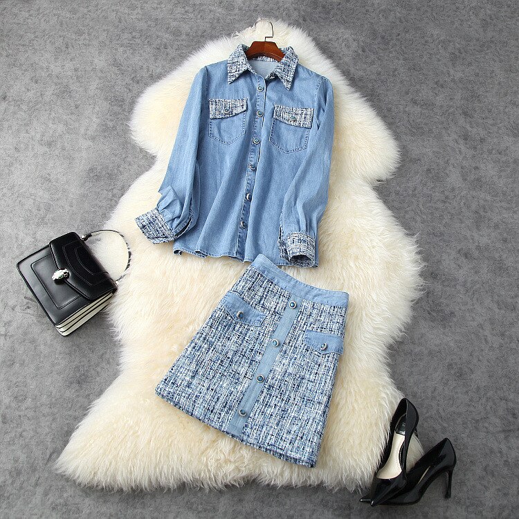 European and American women's wear 2020 winter new style Long-sleeved denim tweed shirt Button skirt Fashion suits
