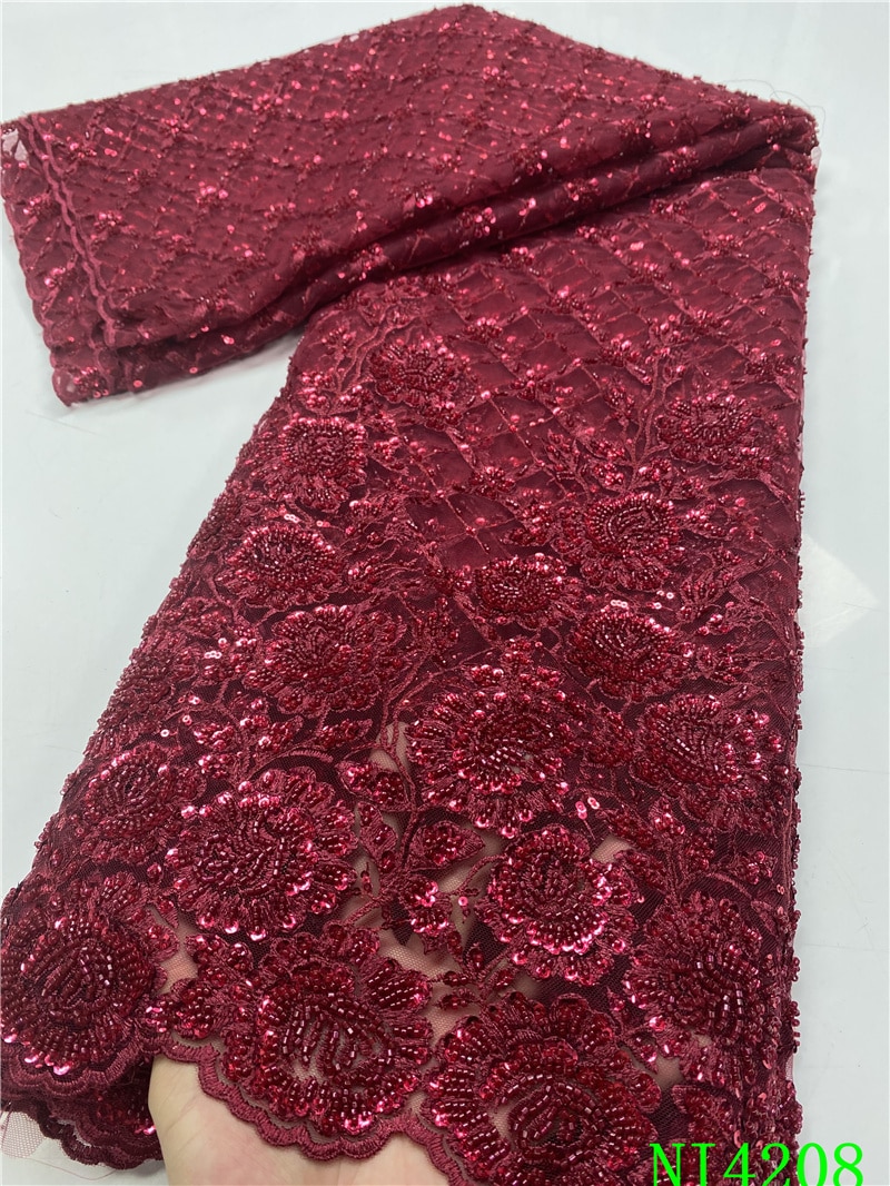 Wine African Net Lace Fabric 2021 High Quality Handmade Lace Nigerian Lace Fabrics Sewing French Tulle Lace Material NI4208-3