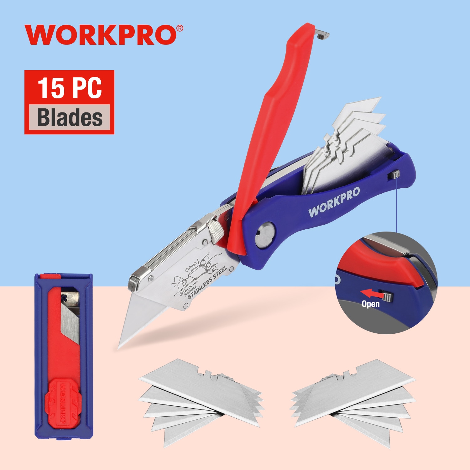 WORKPRO Folding Knife With 15 Blades Heavy Duty Stainless Steel Utility Knife Electrician Cutter Outdoor Hand Tools