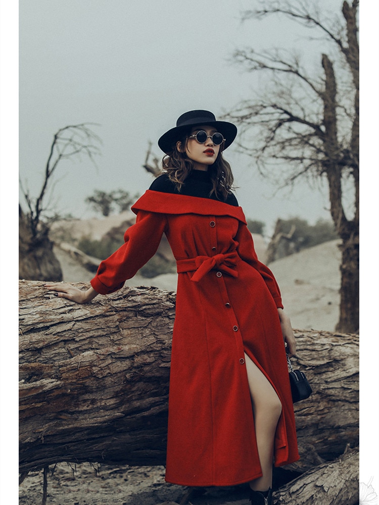 Original Design Autumn Winter Dress Women Vintage Elegant Slim Christmas Red Wool Dress Sexy Slash Neck Front Split Long Dress
