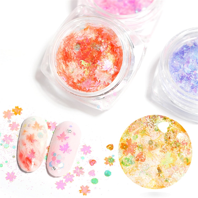 NEW Colorful Gel Maple Leaf Heart-shaped Star Butterfly Sequin Nail Stick Nail Art Gel Silver Bling Polishing Nail Flakes TSLM2