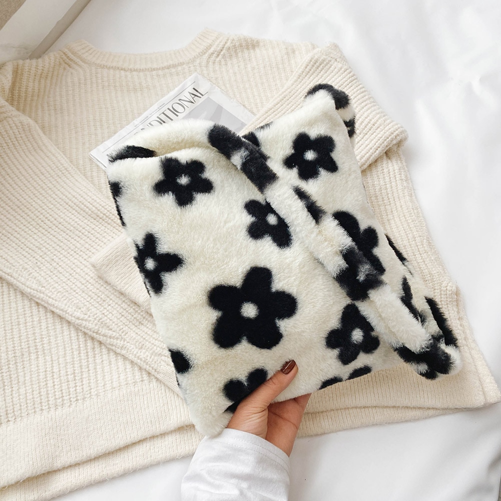 Popular Simple Female Daily Bag Fashion Autumn Winter Handbag Flower Fluffy Women Plush Crossbody Shoulder Bags