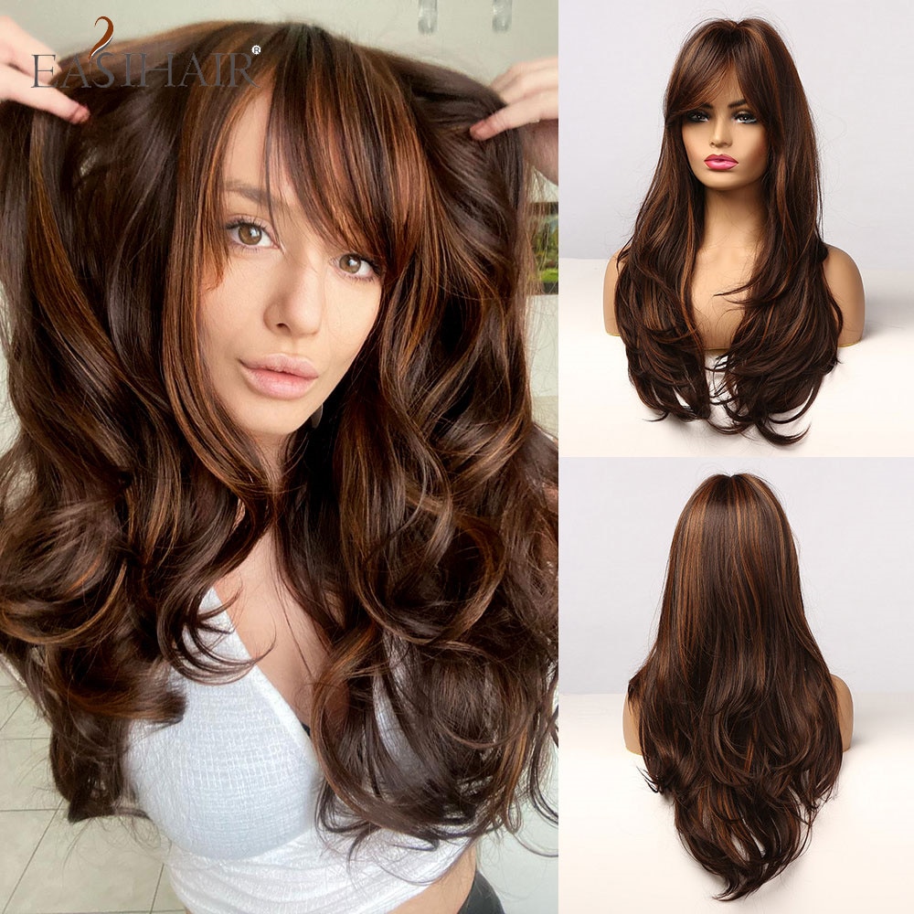 EASIHAIR Black Brown Golden Highlight Wigs Long Wavy Synthetic Hair Wigs with Bangs Heat Resistant Cosplay Wigs for Black Women