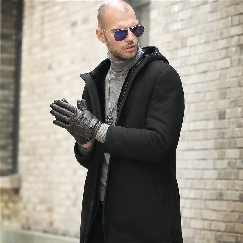 Mens Shearling Leather Hooded Sheepskin Jacket Winter Long Wool Thick Large Size Coat Black Size L - 5X