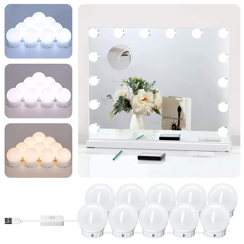 LED Professional Makeup Mirror Light Full Backlit Mirror USB Dimmle Table Mirror with Light 3 Colors Hollywood Vanity Lights