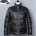 Men Sheepskin White Duck Down Slim Stand Collar Black Winter Coat Genuine Leather Jacket