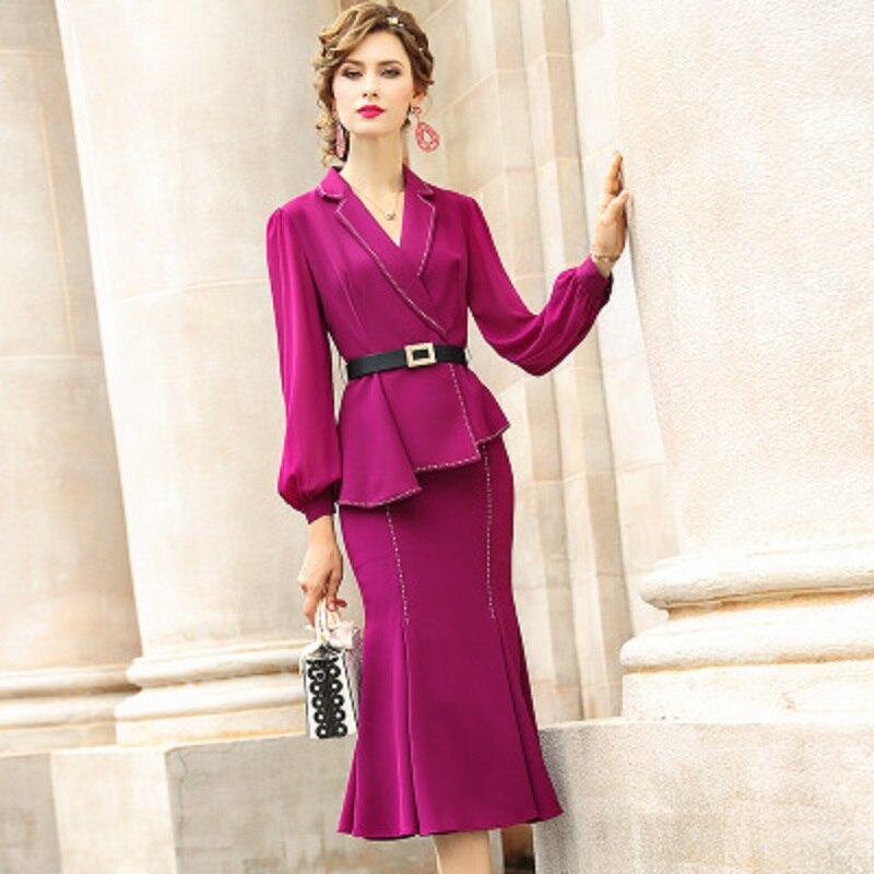 2020 solid office lady professional print skirt suit 2020 new Autumn Spring Draped dresses slim fit Red two piece set with belt
