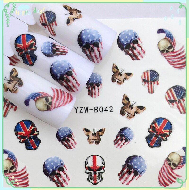 3d Nail Art Stickers Skull Flag Nail Water Decals Watercolor Pirate Punk Decor for Halloween Fall Nailart Supplies Glue Tips DIY