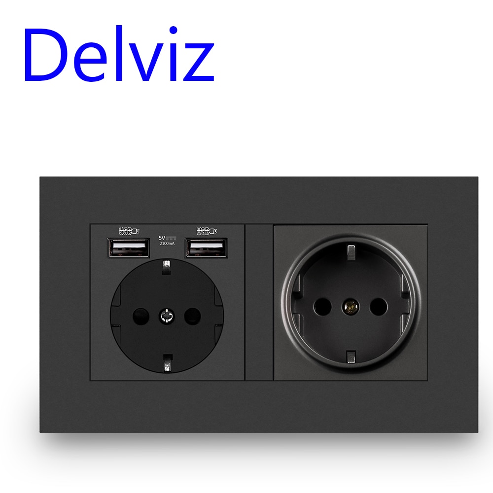 Delviz Dual Power Socket, Household Charging port, Steel frame structure, Eu standard 16A 220V~250V, Gray panel USB Wall socket