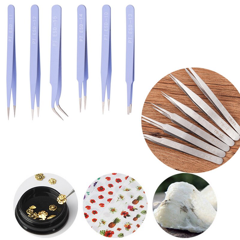 6Pcs ESD Anti-Static Tweezers Set Stainless Steel Electronics Precision Maintenance Repair Tool Kit Model Making Hand Tool Set
