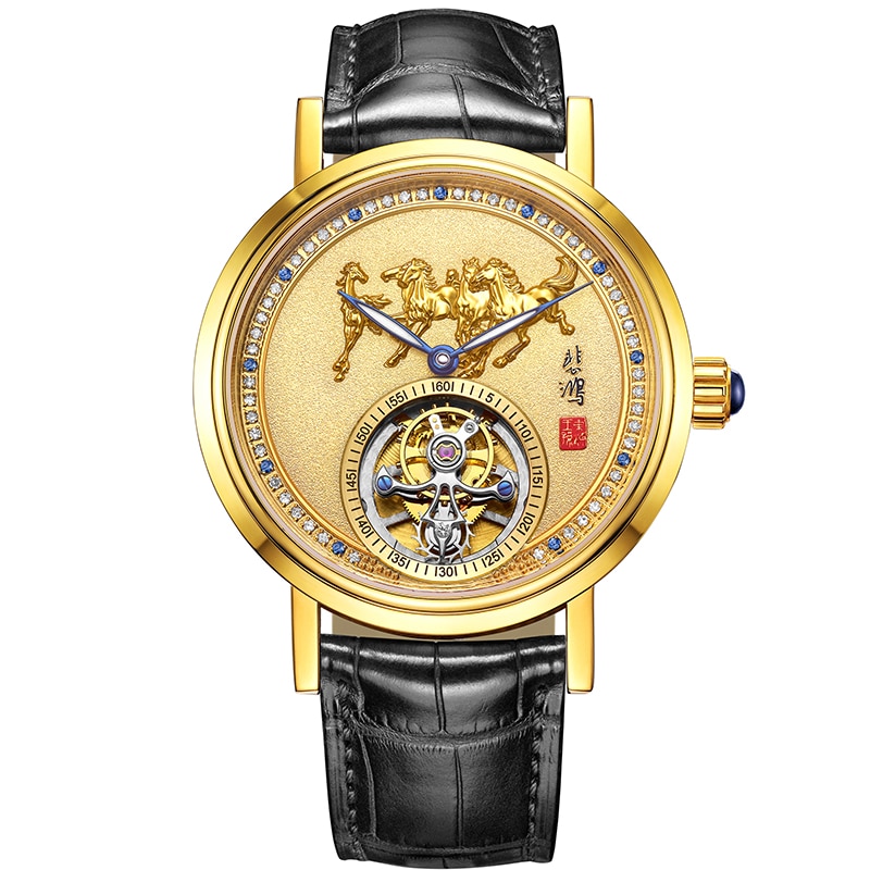 HIGH-END GIFT NATURAL DIAMOND HORSE MEN'S TOURBILLON WATCH LUXURY SAPPHIRE GLASS MAN MECHANICAL WATCHES INLAID GOLD COINS & JADE
