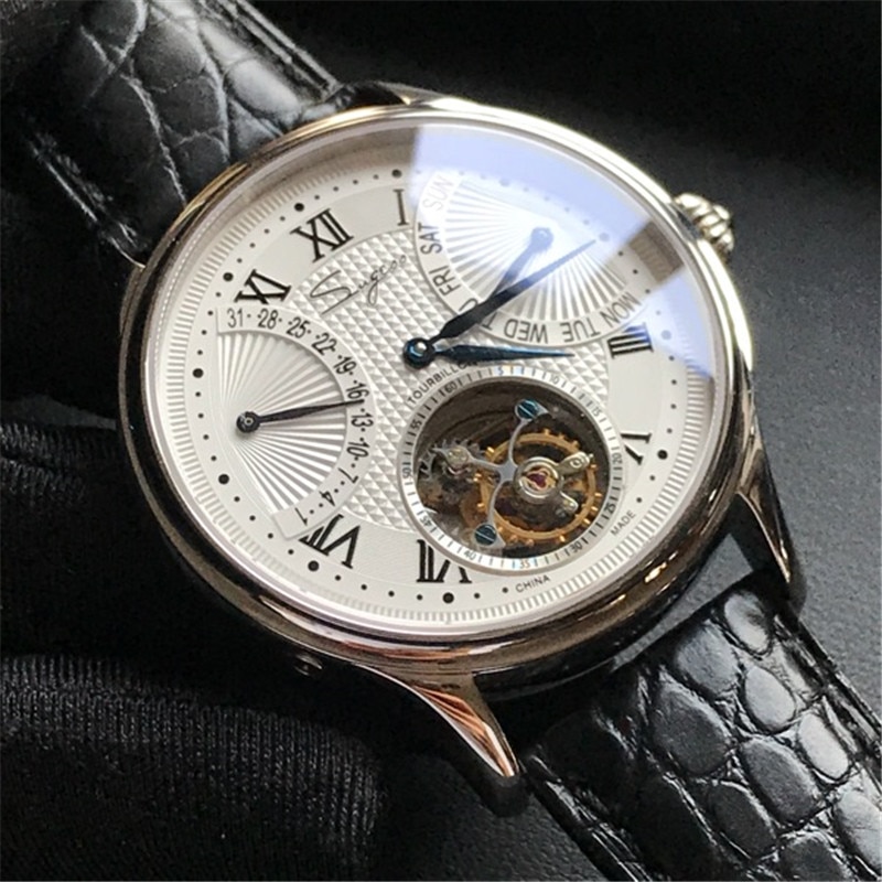 TOP BRAND LUXURY MEN'S TOURBILLON WATCHES CALENDAR WEEK DISPLAY CLOCK CROCODILE LEATHER MEN MECHANICAL WATCH PILOT ST8004 2019