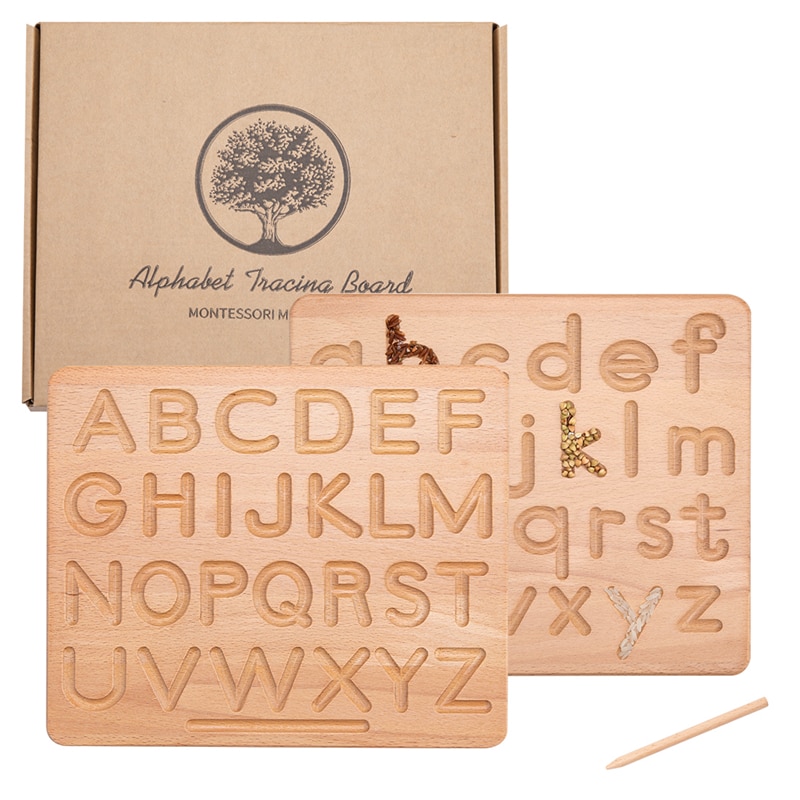 Montessori Tracing Board Wood Double Sided Uppercase & Lowercase Letters Fine Motor Skills Development Educational Toy