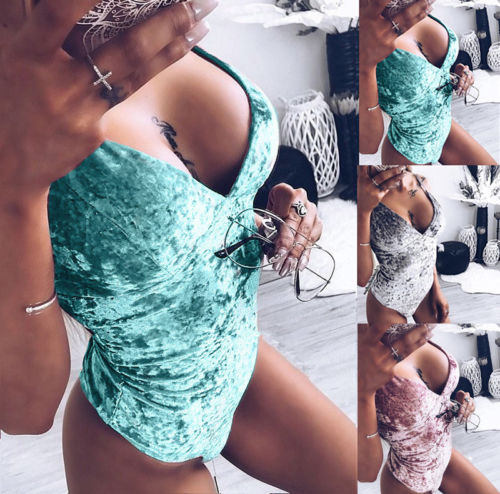 Women's Sexy Solid Color Gold Velvet Deep V Sling Sleeveless Tight-Fitting Waist Halter Adjustable Strap Elastic Jumpsuit