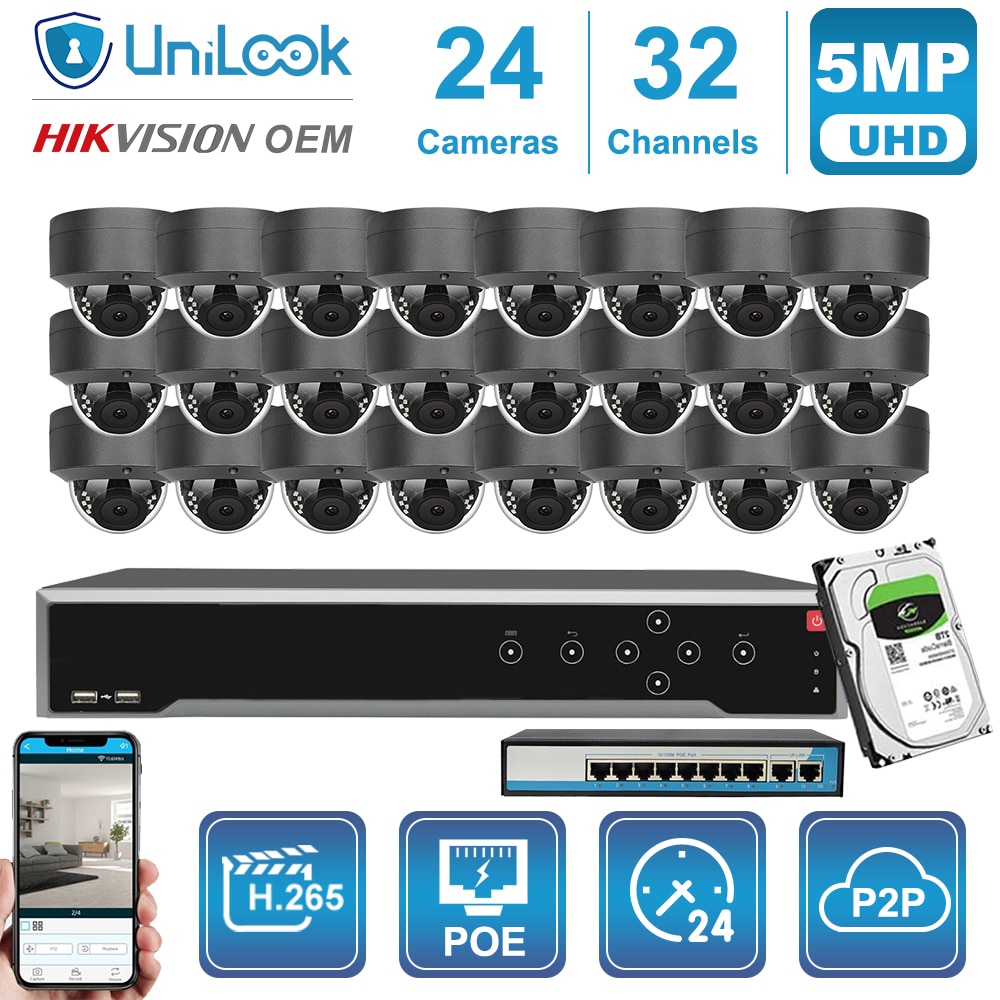 24CH 5MP POE IP Camera Dome Gray NVR Kit Outdoor CCTV Surveillance OEM Hikvision DS-7732NI-I4/16P Customized Plug&Play System