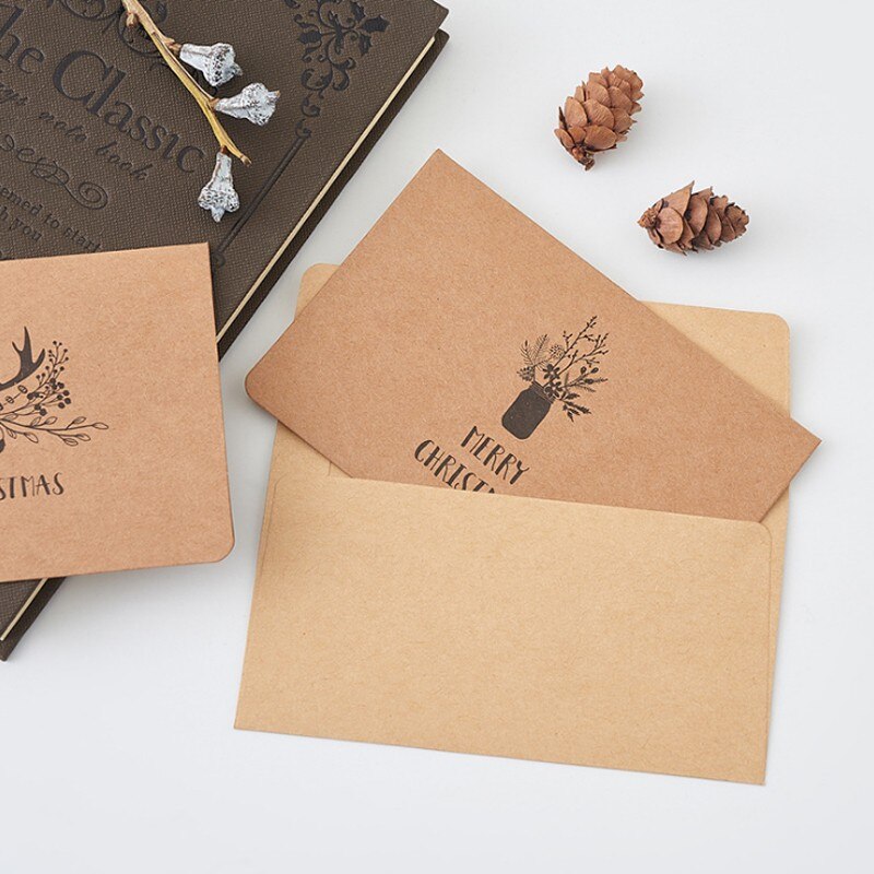1Pack Christmas greeting fold card kraft paper envelope hat elk wreath Blessing invitation gift 12.8*8.4CM