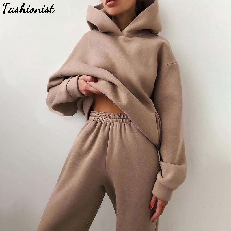 Women Elegant Solid Sets For Women Warm Hoodie Sweatshirts And Long Pant Fashion Two Piece Sets Ladies Lace Up Sweatshirt Suits