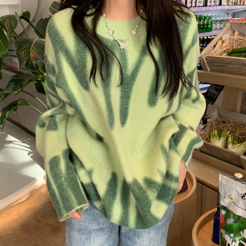 Women Knitted Sweater Vintage Green Striped Print Sweater Oversized Pullovers Winter Streetwear Long Sweaters Tie Dye Outerwear