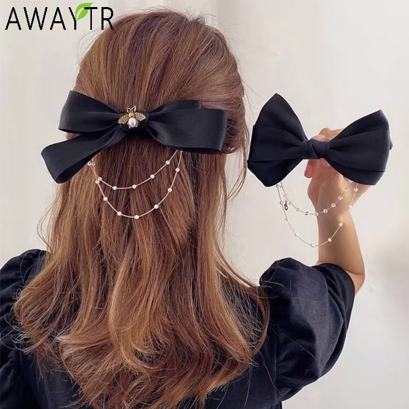 AWAYTR New Bow Pearls Chain Barrettes Hairpins For Women Rhinestone Spring Hair Clips Ribbon Headband Ponytail Hair Accessories