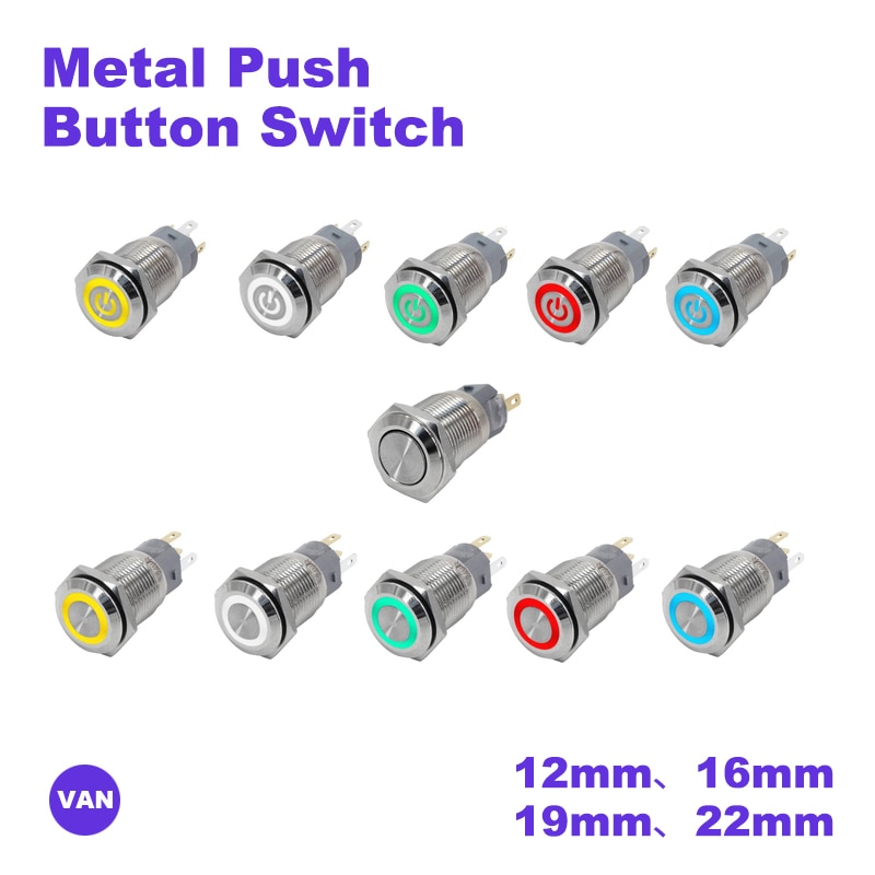 1PCS 12/16/19/22mm metal push button switch Flat Head Waterproof Flat circular button LED light self-lock/reset button 6V 12V