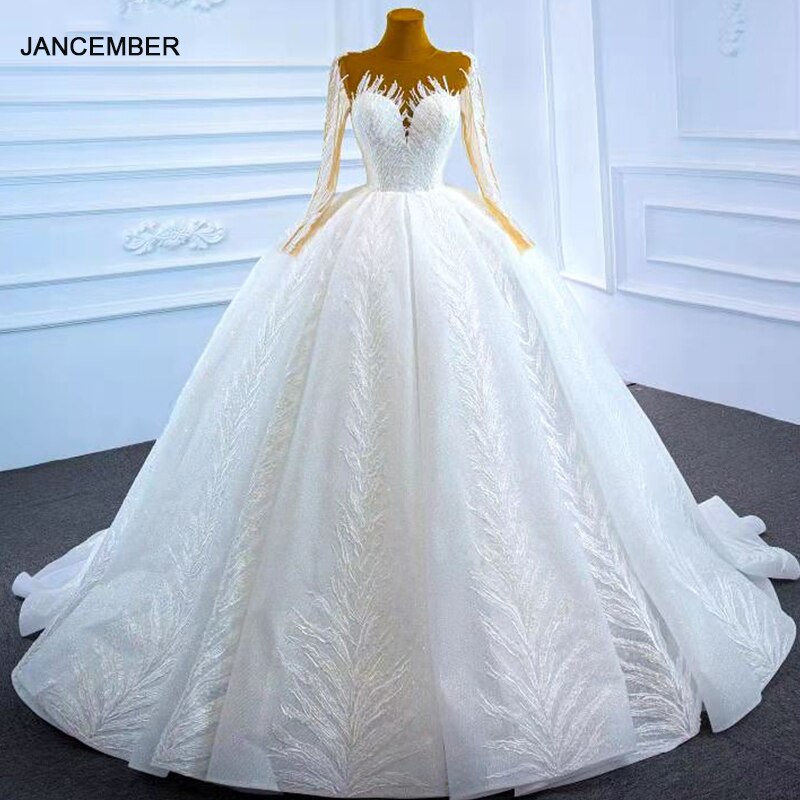 J67235 White Wedding Dress 2021 Pearls Sexy Deep V-Neck Long Sleeve Lace Up Back Beading Sequined Appliques