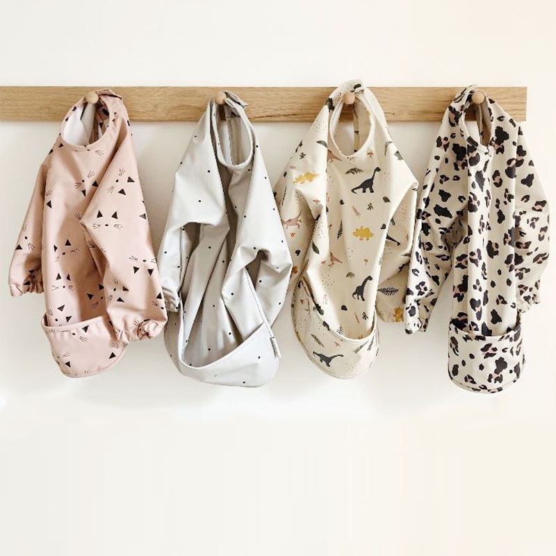 EnkeliBB Waterproof Bib For Kids Fashion Design Long Sleeve Feed Bibs Cartoon Lovely Cat Cherry Dinosaur