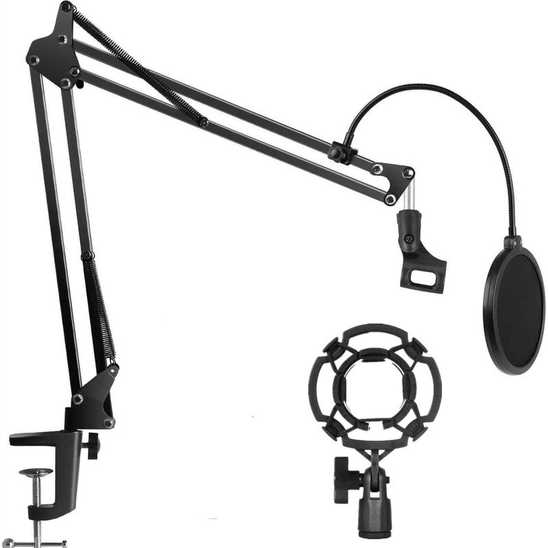 Heavy Duty Microphone Stand Extendable Suspension Boom Scissor Arm Stand with Shock Mount Dual Layered Mic Pop Filter