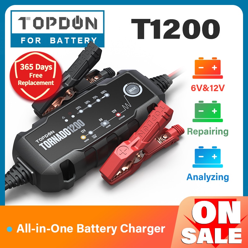 Topdon T1200 Car Battery Charger 6V 12V Automatic Lead Acid Lithium Batteries Charger IP65 Car Motorcycle Battery Charger