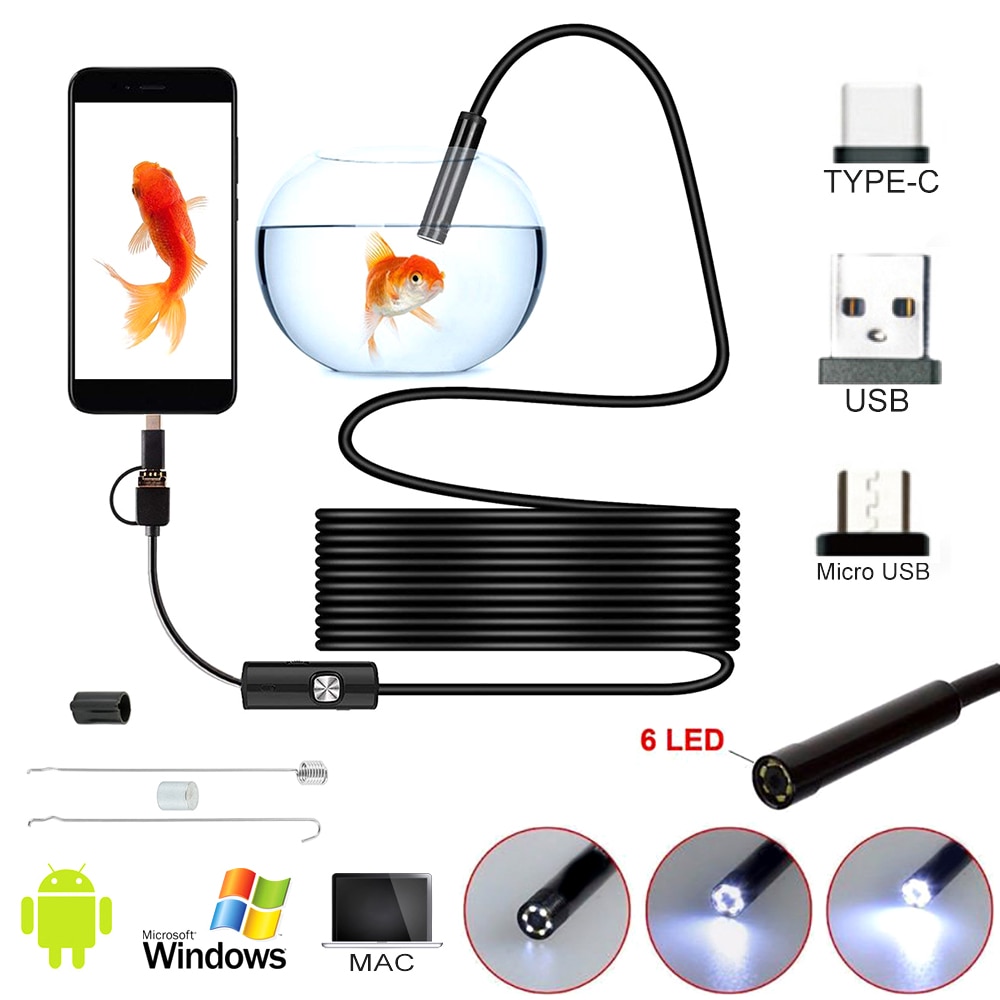 5.5mm Mini Endoscope Camera Type C USB Inspection Borescope Camera Flexible IP67 Waterproof 6LEDs Adjustable Endoscope Camera