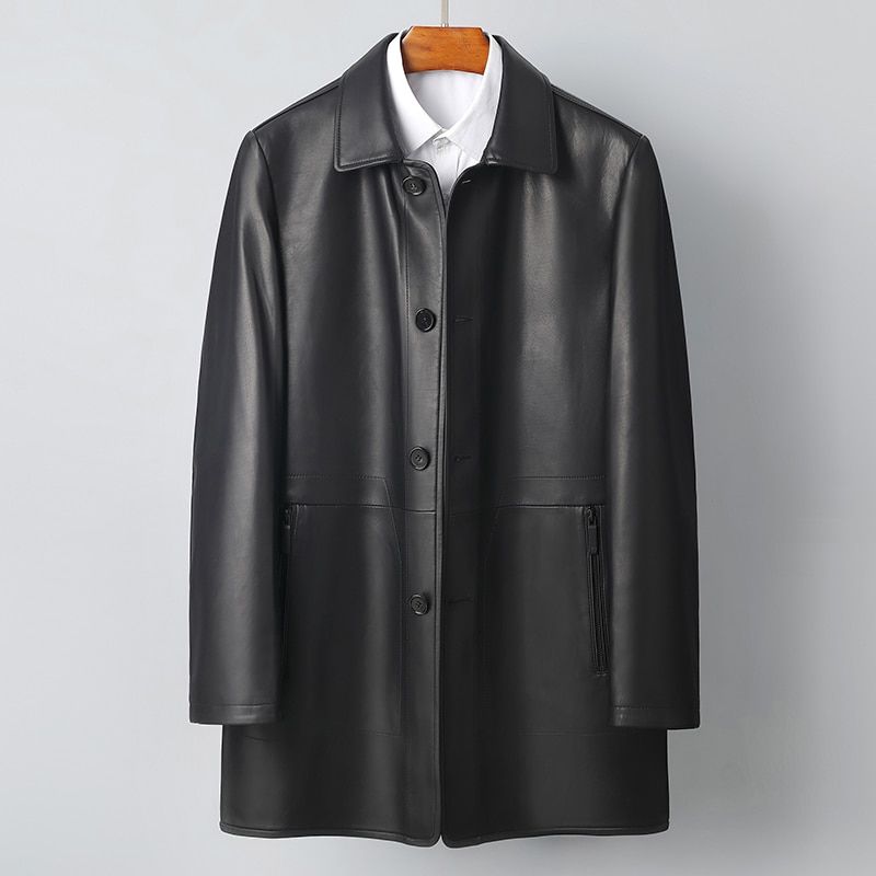 Genuine Cow Leather Clothes Fashion Mens Long Type Lapel Business Skin Casual Jacket Slim Coat