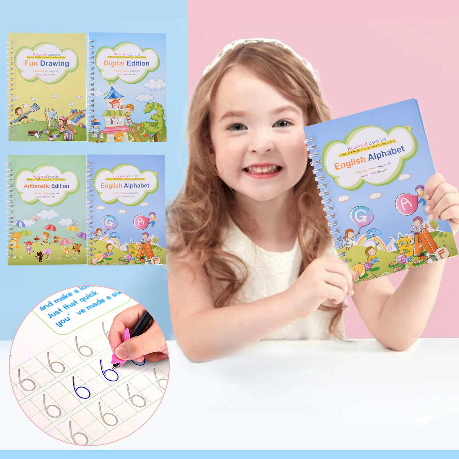 4pcs Books + Pen Magic Practice Copybook Free Wiping Children's Copybook Magic Magic Writing Sticker English Version