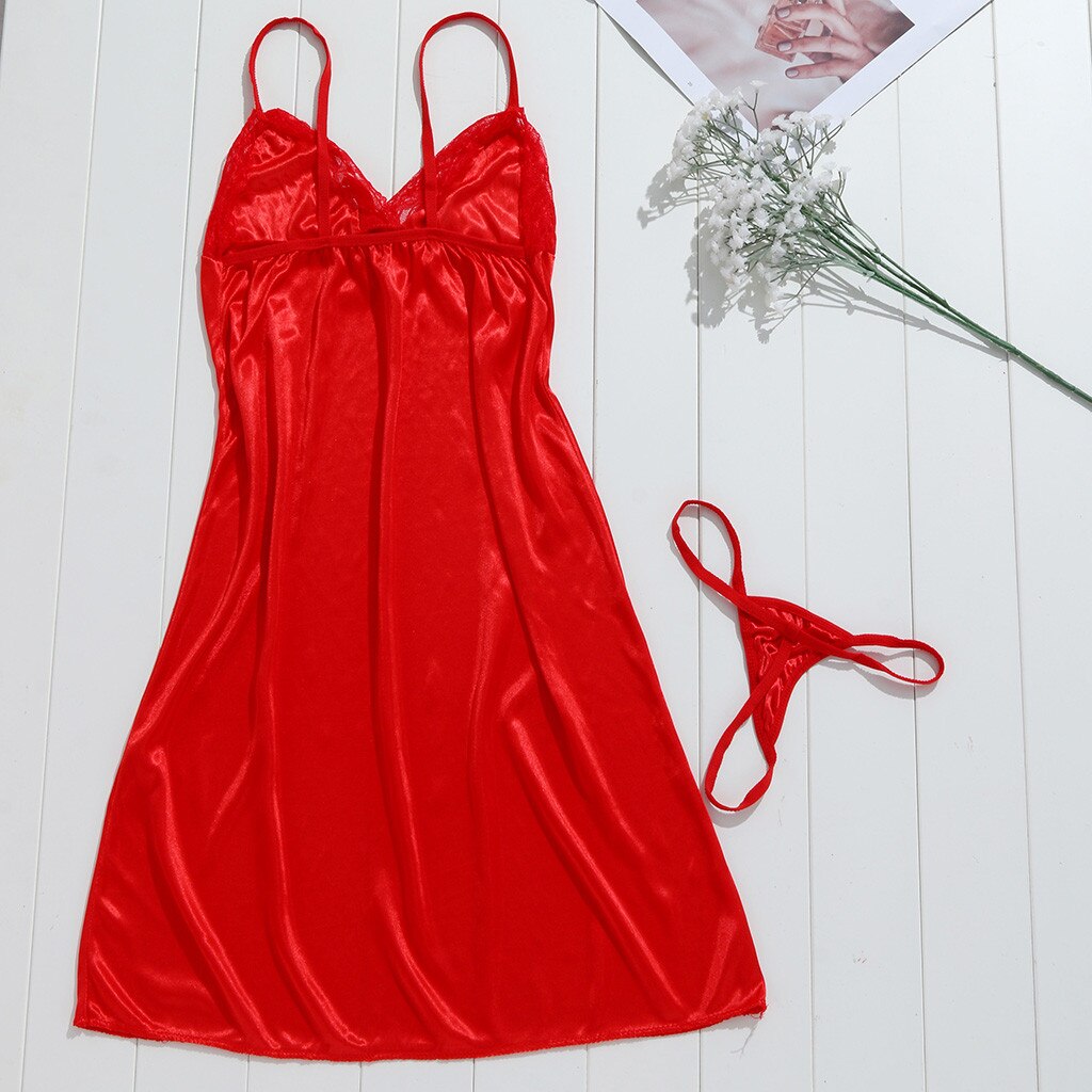 New Womens Lingerie Two-piece Suspender Bow Lace Pajama Thongs Panties Babydoll Sleepwear Underwear Sexy Lace Sleep Dress Set