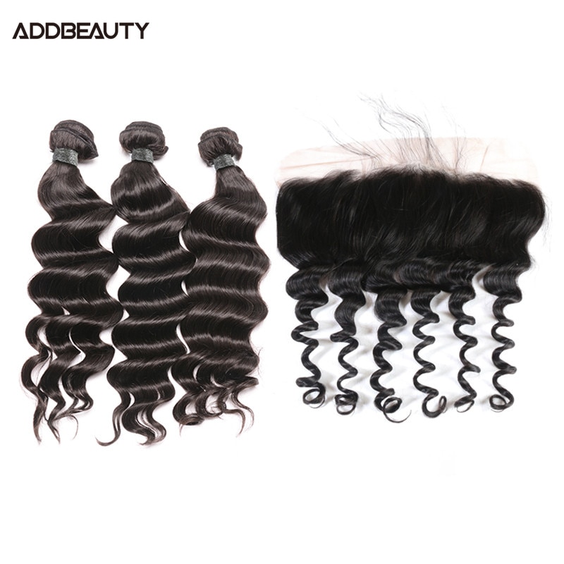 Addbeauty Natural Wave 3 Human Hair Bundles With 13x4 Lace Frontal Closure For Black Women Brazilian Remy Hair Weave With Closur