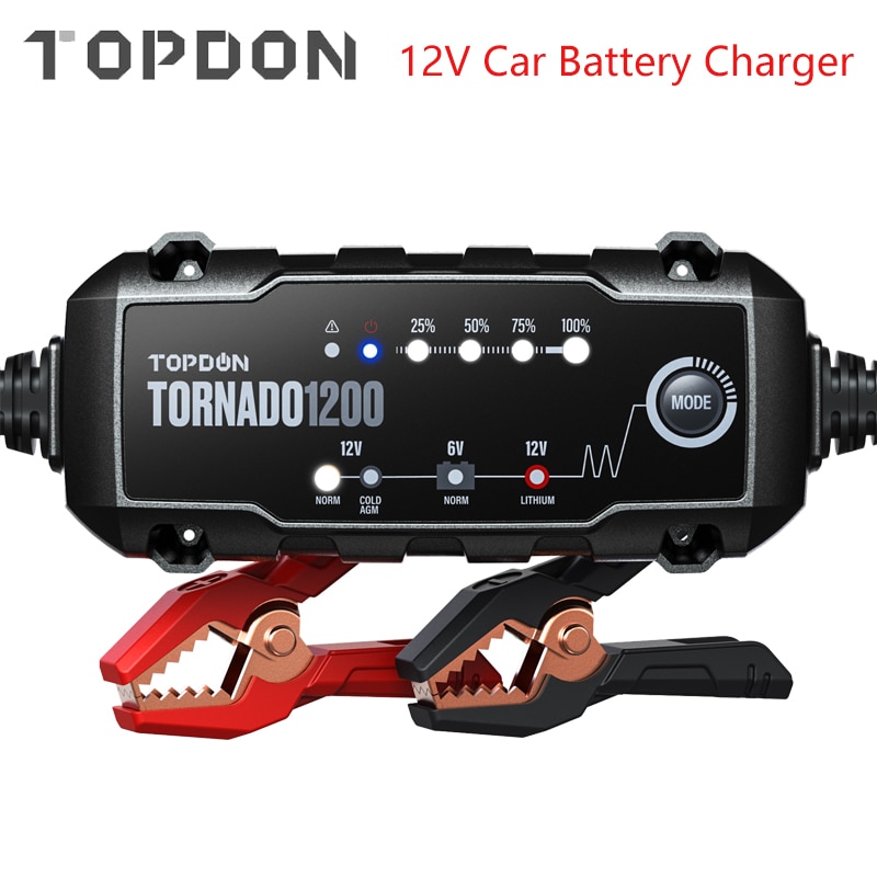 Topdon T1200 Car Battery Charger 6V 12V Automatic Lead Acid Lithium Batteries Charger IP65 Car Motorcycle Battery Charger