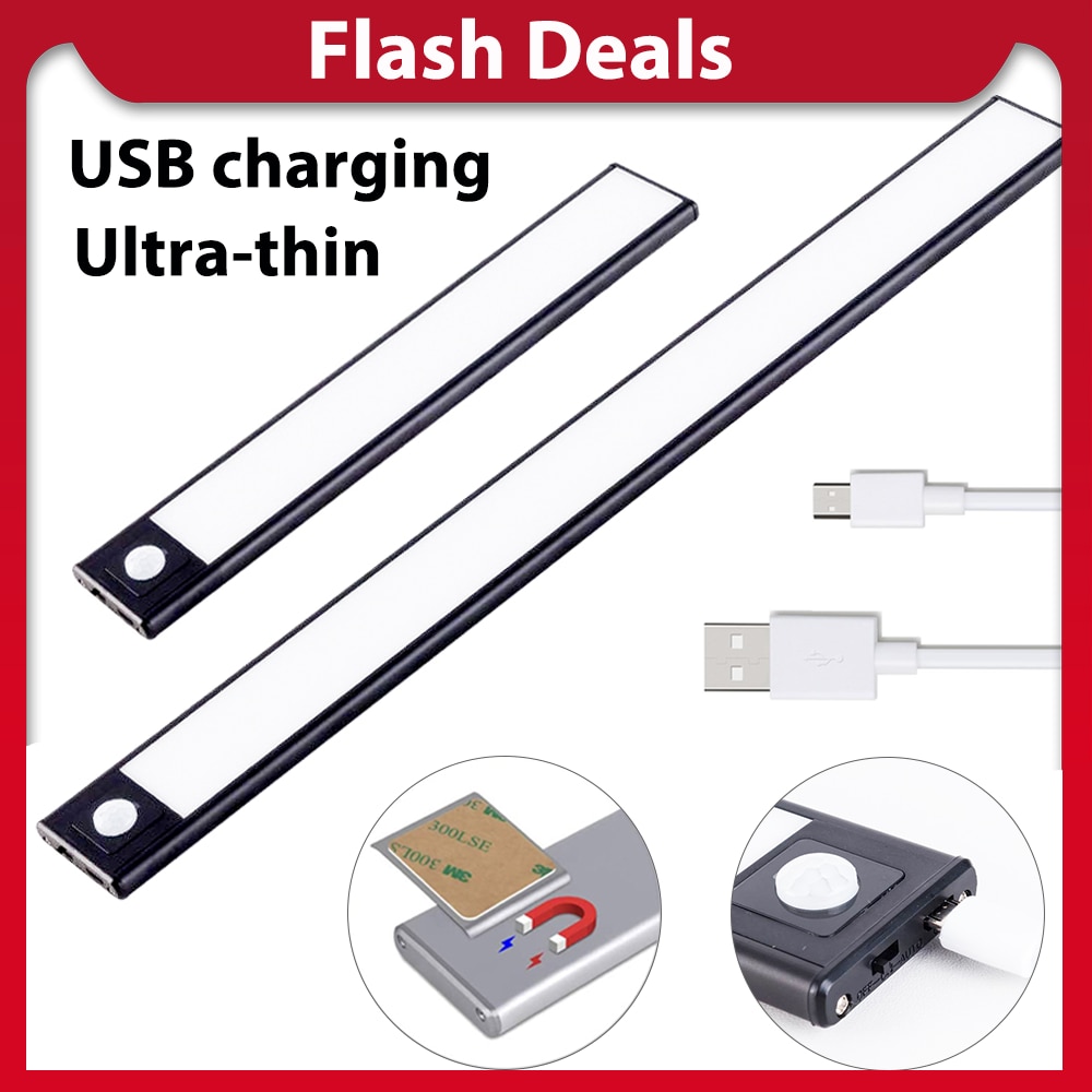 Ultra-thin USB LED Cabinet Lighting 3 Modes PIR Motion Sensor led Rechargeable Black Aluminum kitchen cabinets lights lighting