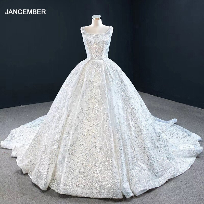 RSM67122 Shiny White Elegant Metal Sequins Bridal Wedding Dress Banquet Activities Backless Lace-up Church Trailing Skirt